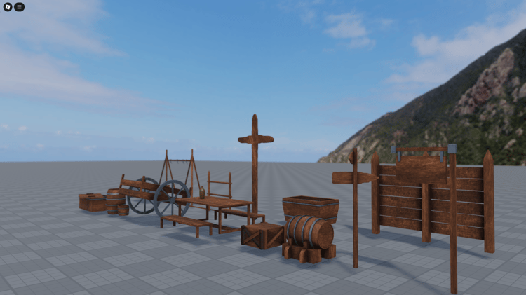 Roblox medieval asset pack featuring barrels and signs