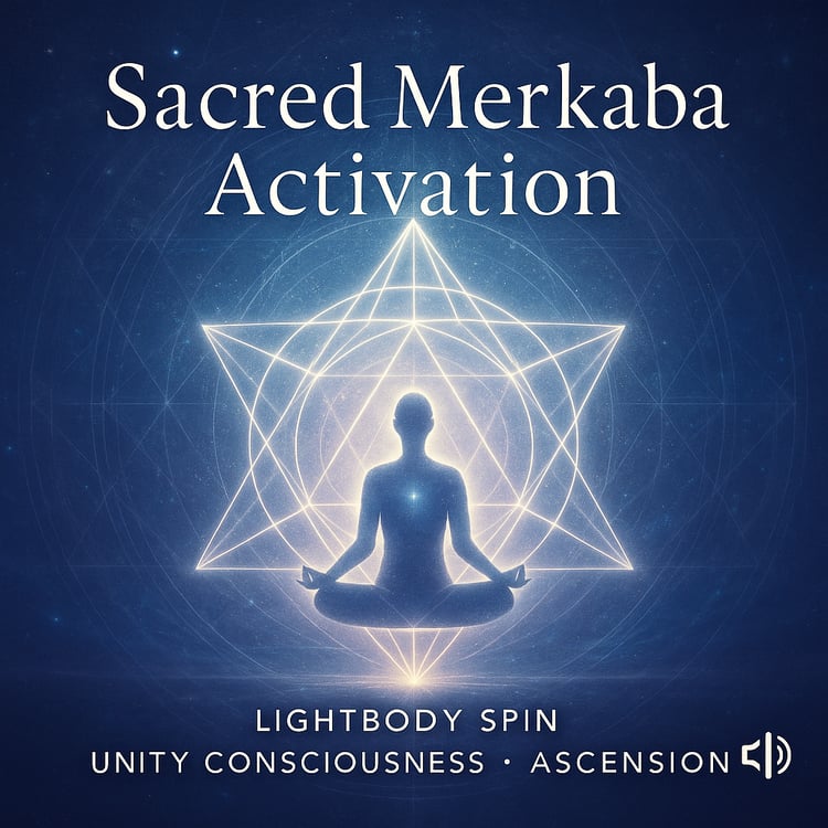 Merkaba Lightbody Activation digital product image featuring golden star tetrahedron symbol, sacred geometry,