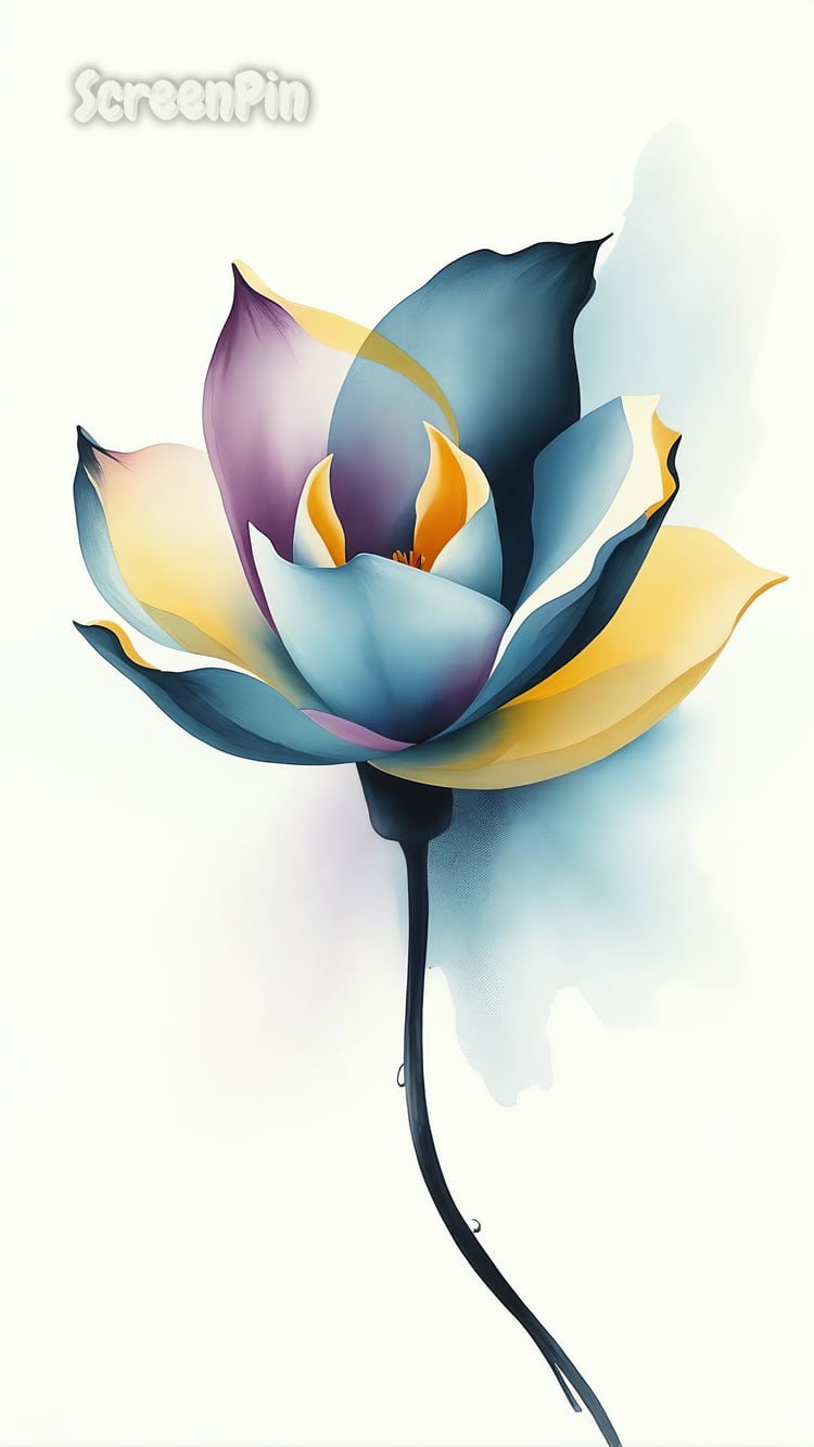 Digital watercolor painting of a single flower with purple, blue, and yellow petals in a soft and artistic style.