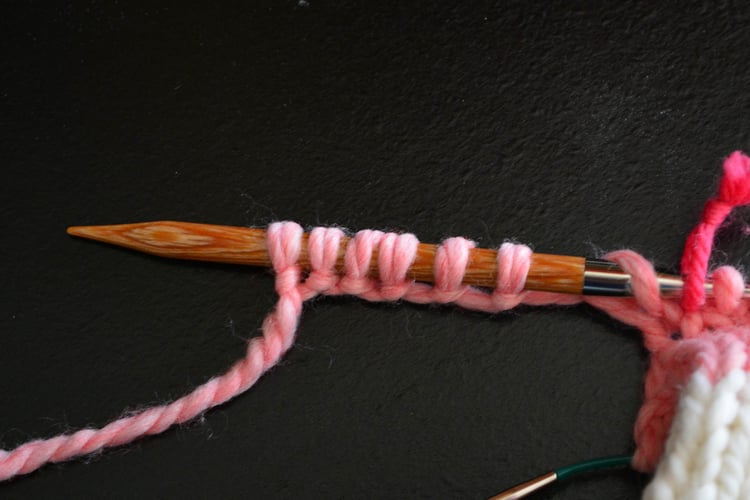 A row of stitches cast on from the edge of a project on the needles.