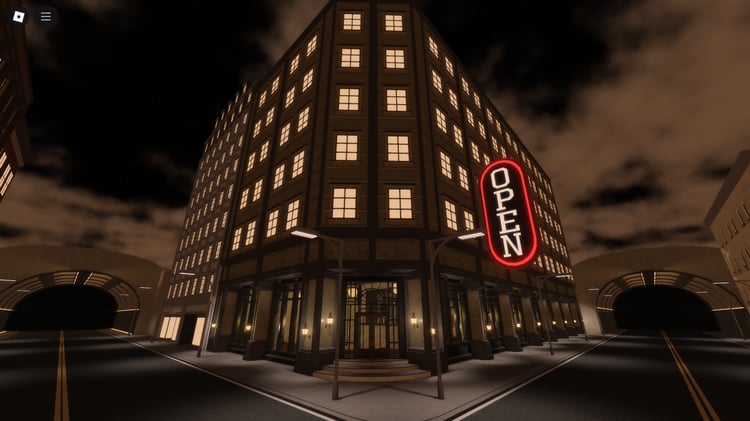 Exterior of retro 1980s diner building at night