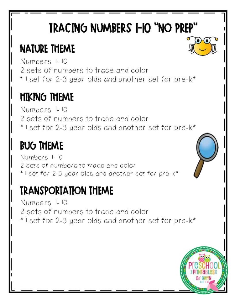 Tracing Numbers 1-10 "No Prep" 2 sets for each theme