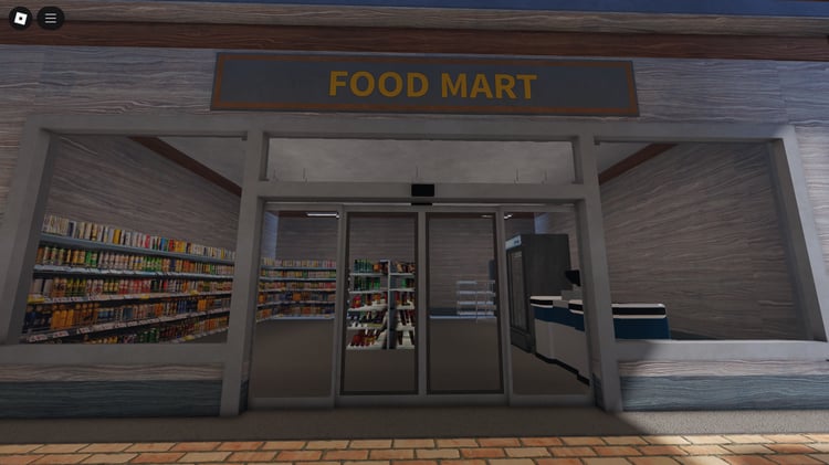 Fully furnished gas station interior with cashier counter and food items – RP ready