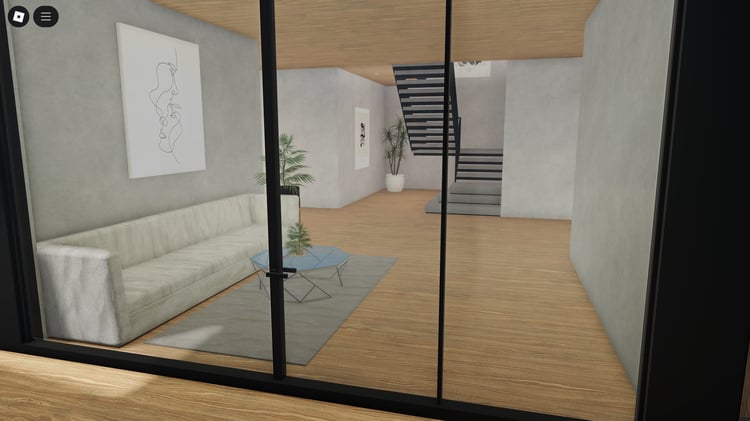 Spacious living room with custom furniture inside Roblox luxury mansion