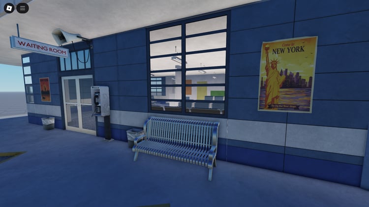 Interior waiting area of retro bus terminal with benches and ticket counter – game-ready