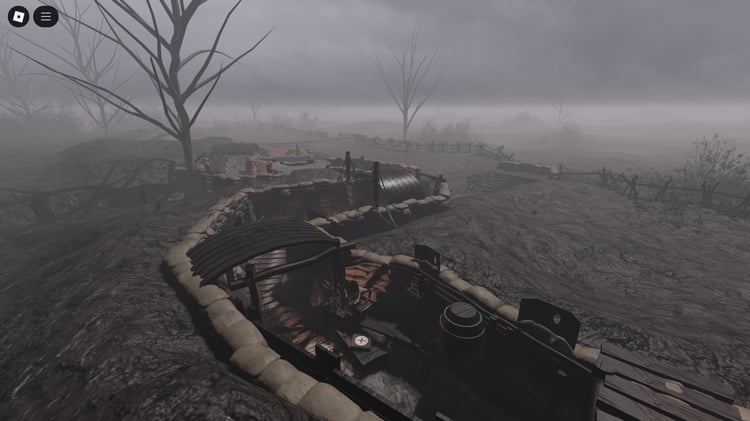 Realistic World War 1 battlefield with barbed wire, craters, and destroyed bunkers