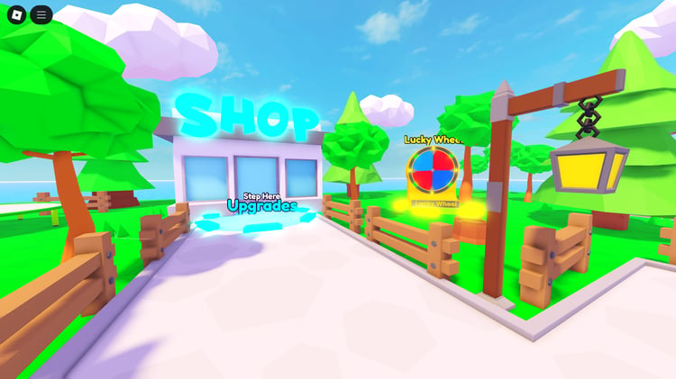 Starter area of Roblox simulator map featuring portals to multiple worlds