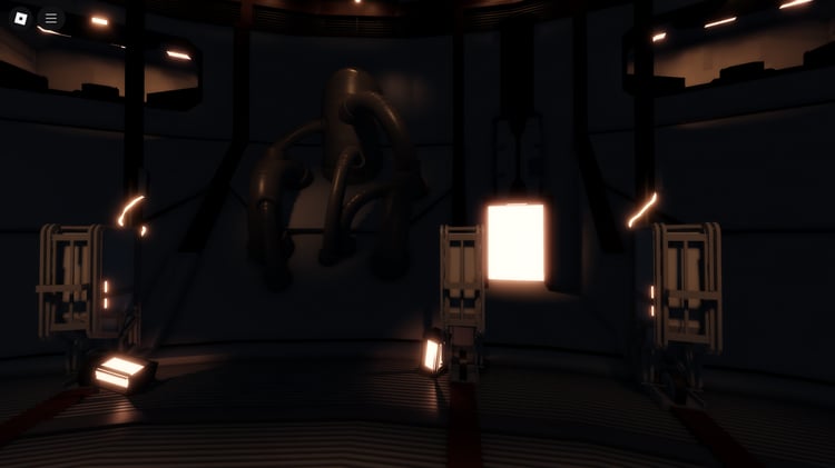 High-quality Roblox PvP map featuring elevated platforms and glowing corridors
