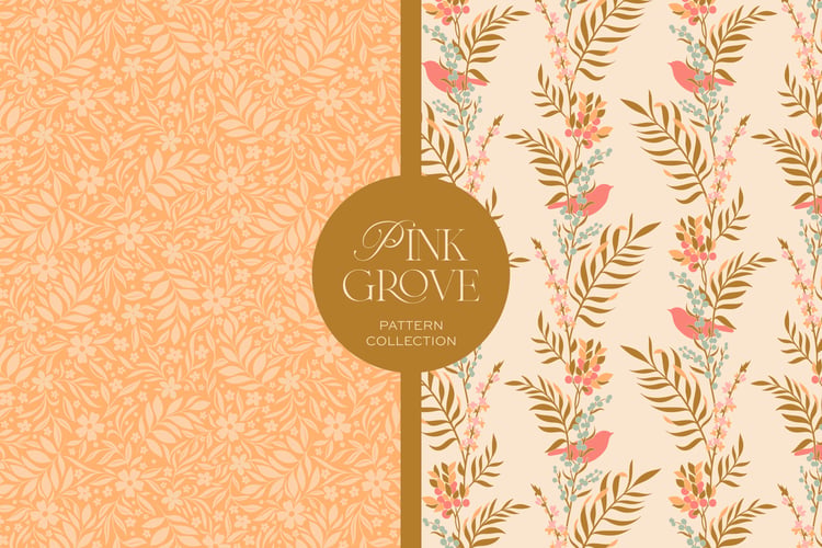 Digital surface pattern collection Pink Grove featuring pink, sage green, peach, cream, and gold with birds, florals, wildflowers, and leaves