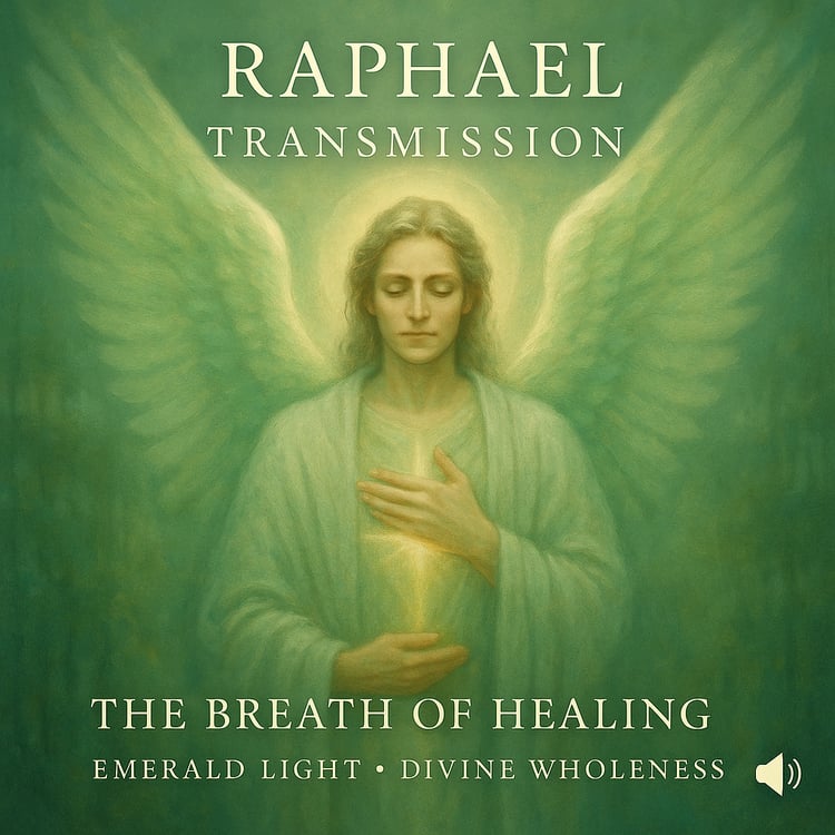 A radiant angel bathed in green-gold light, standing in a luminous healing field with wings extended, embodying divine compassion and restoration.