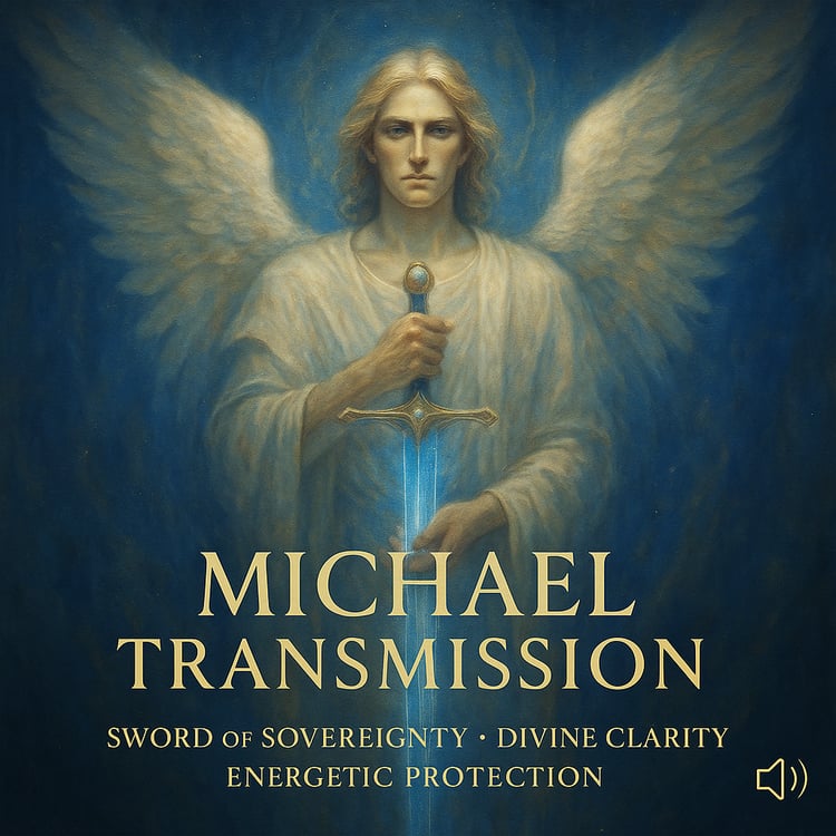 Archangel Michael in radiant blue-gold light, standing in strength with a sword of light, surrounded by a celestial aura of divine protection.