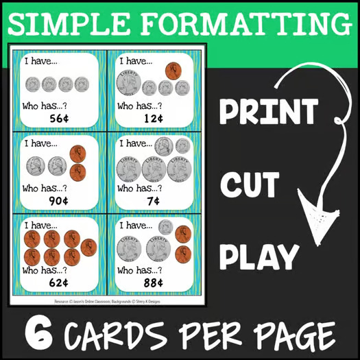 Identifying Counting Coins and Value to One Dollar Money Games 2nd Grade Review