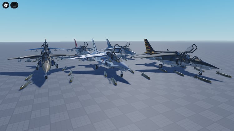 Formation of all 6 Alpha Jet A aircraft flying in Roblox