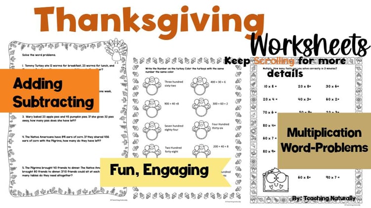 Thanksgiving Math Printable Worksheets Addition, Subtraction, Word Problems