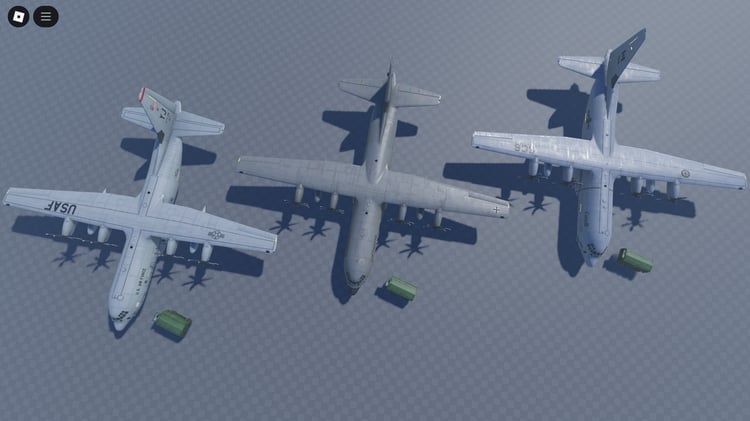 Side view of C-130-30 aircraft parked on Roblox runway