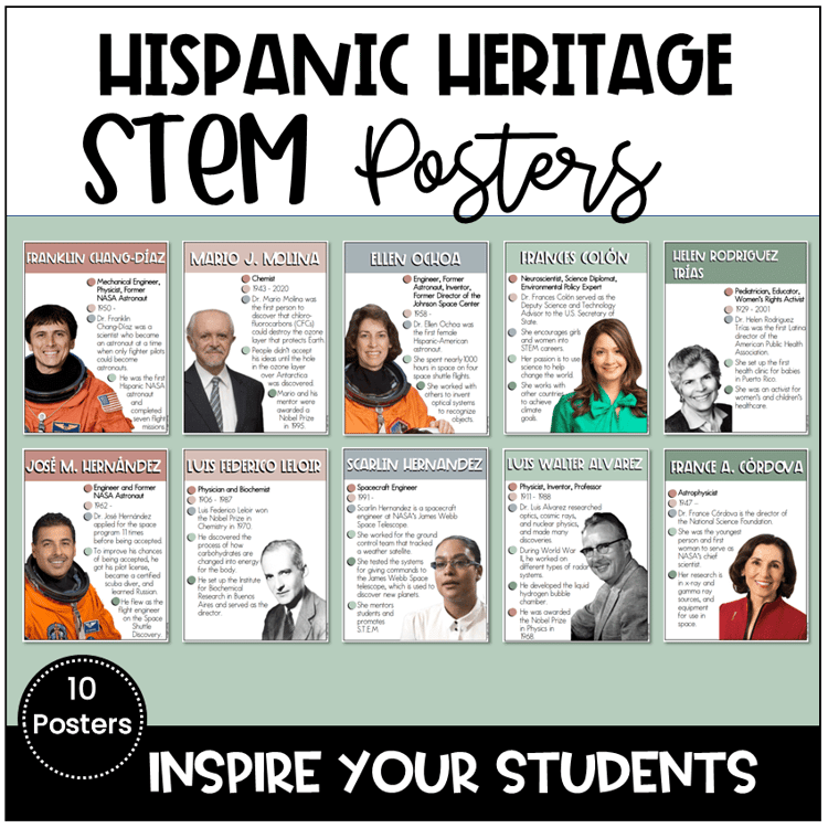 10 posters of people with Hispanic heritage in STEM careers