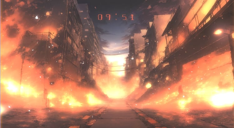 Vibrant 4K animated wallpaper featuring an anime-inspired street on fire, showcasing intricate details and bold colors, designed for Wallpaper Engine.