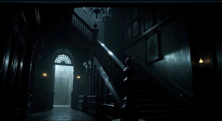 Cinematic animated wallpaper featuring a hauntingly beautiful grand staircase in an old mansion, with flickering lights and soft shadows that create an eerie atmosphere, perfect for enhancing desktop aesthetics in Wallpaper Engine
