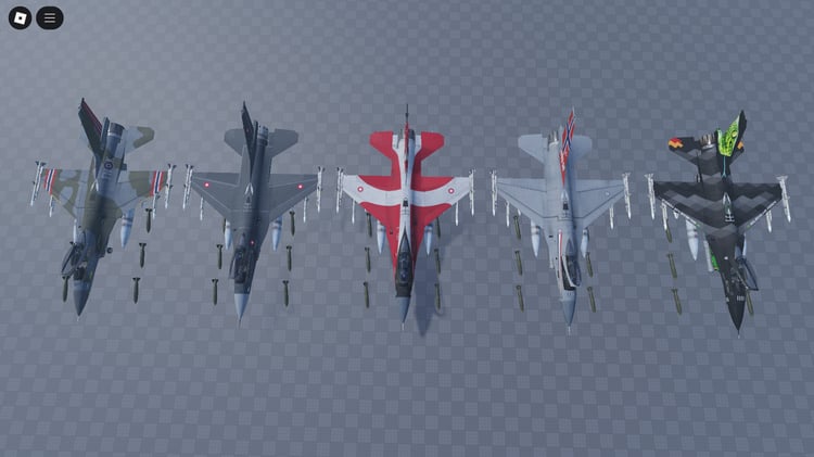 F-16AMC V2 jets in lineup on Roblox tarmac