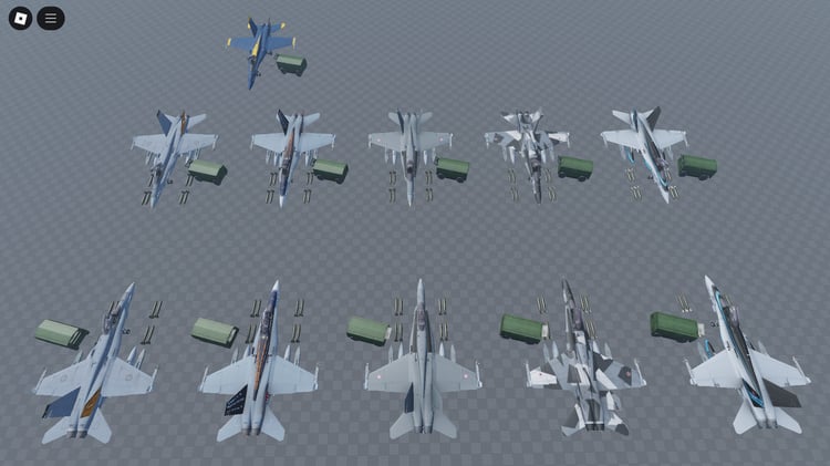 FA-18C fighter jets lined up on Roblox airbase