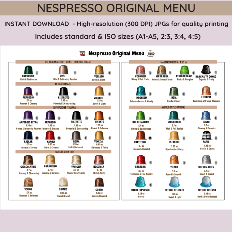 Nespresso Original Menu printable