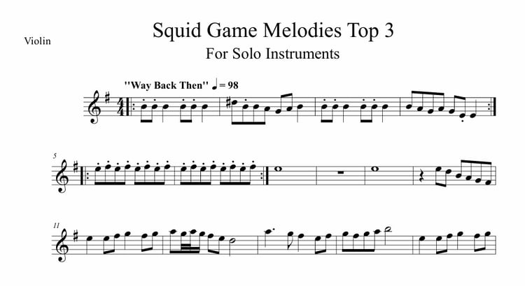 Excerpt of the Squid Game violin sheet music (Way Back Then, Pink Soldiers, Round and Round)