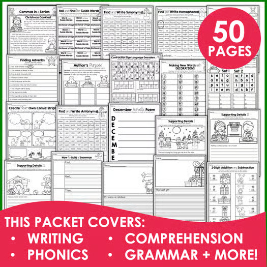 2nd Grade December Worksheets Christmas Multiplication Fraction Grammar Addition
