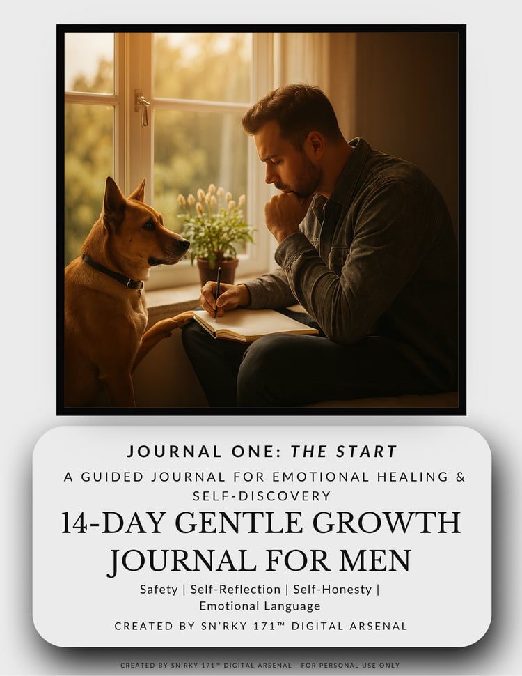 A reflective man journaling beside his dog, bathed in warm morning light. Cover image of the 14-Day Gentle Growth Journal for Men by SN’RKY 171™— a guided journal for emotional healing, self-reflection, and masculine resilience.