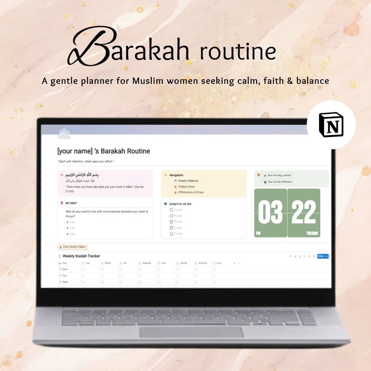 A gentle Notion planner for Muslim women to track ibadah, plan with purpose, and live with barakah.