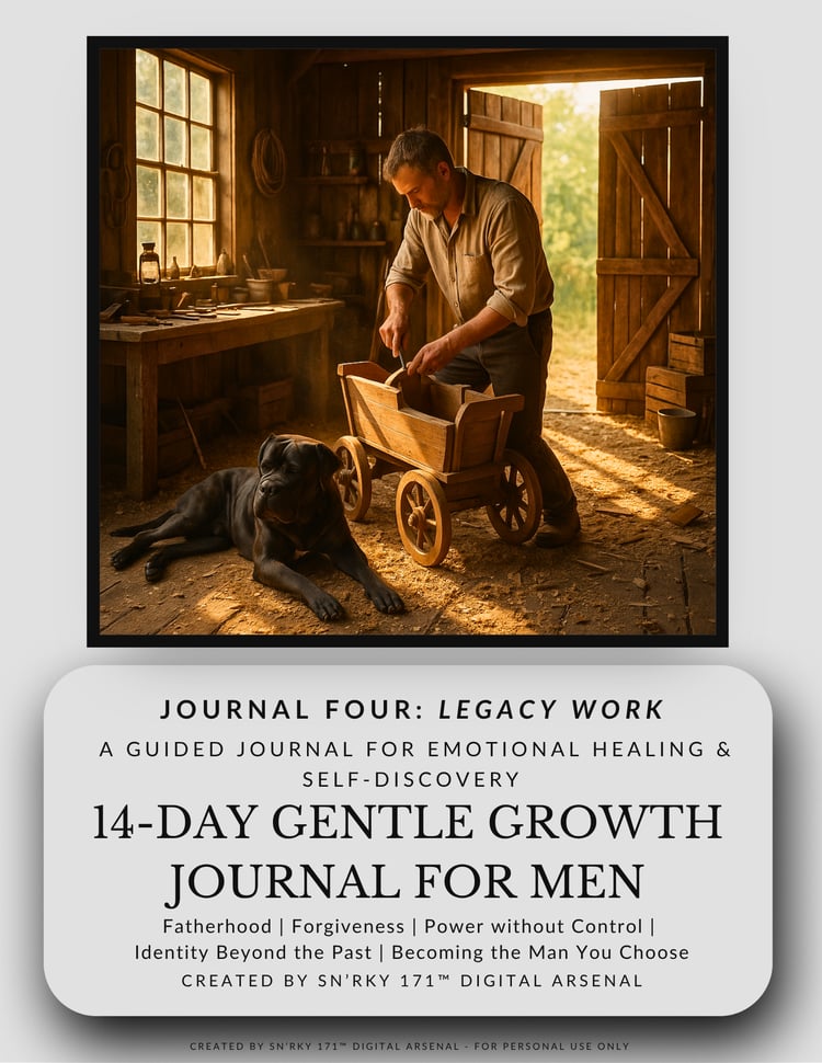 Cover image of "14-Day Gentle Growth Journal for Men – Journal Four: Legacy Work" featuring a man in a brown-lit room holding a leather-bound book. Designed to convey reflection, heritage, and the emotional complexity of masculine legacy.
