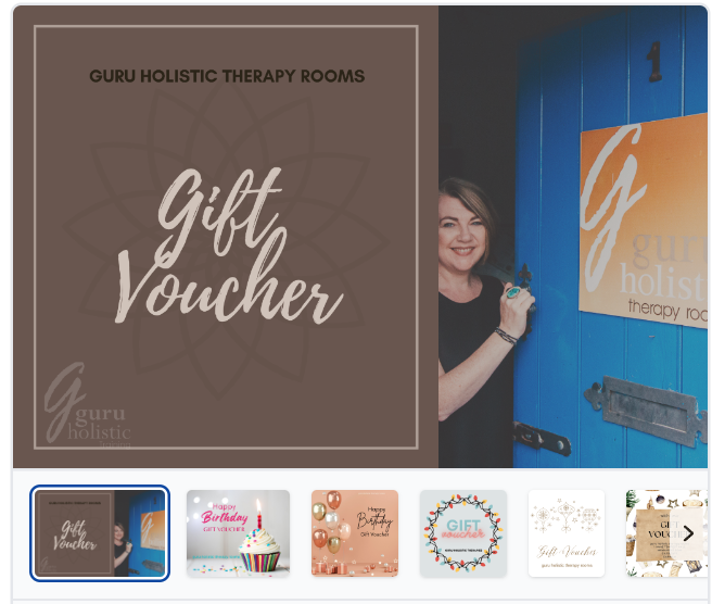 gift voucher, woman standing by a blue door with a brown sign, guru holistic therapies and training