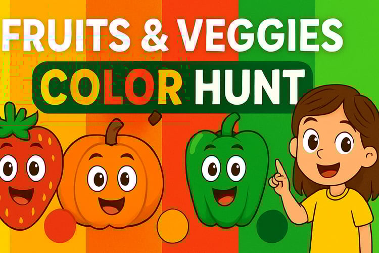 "Colorful cartoon fruits and vegetables with smiling faces and a child pointing, teaching kids a fun color hunt game for healthy eating education"