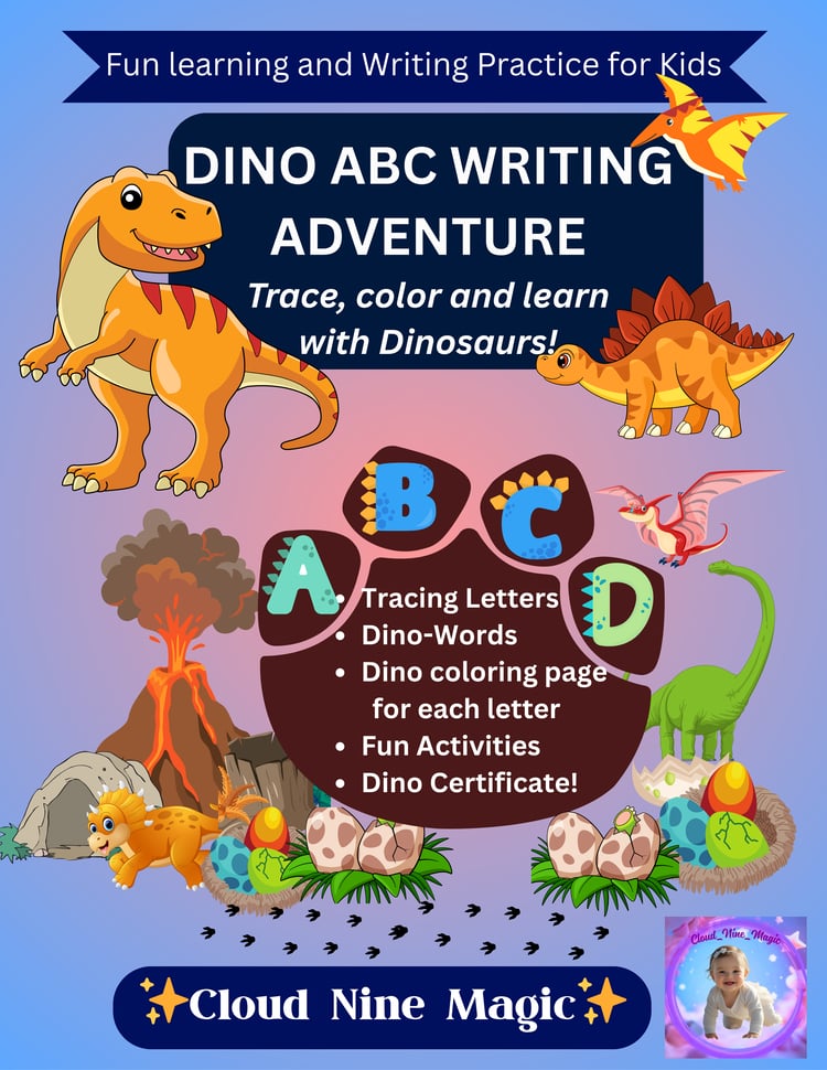 dinosaur handwriting workbook, printable alphabet tracing, abc writing practice, dinosaur printable for preschool, kids tracing pdf, learn to write abc, preschool activities, early learning workbook, homeschool writing worksheets