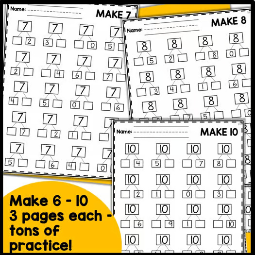 Number Bonds to 10 Missing Addends 1st Grade & Kindergarten Fun Math Worksheets