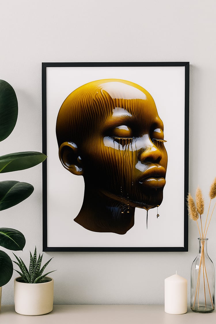 Close-up of a digital Afro-futuristic portrait featuring a Black woman with golden liquid streaming from her eyes and face, set against a white background.