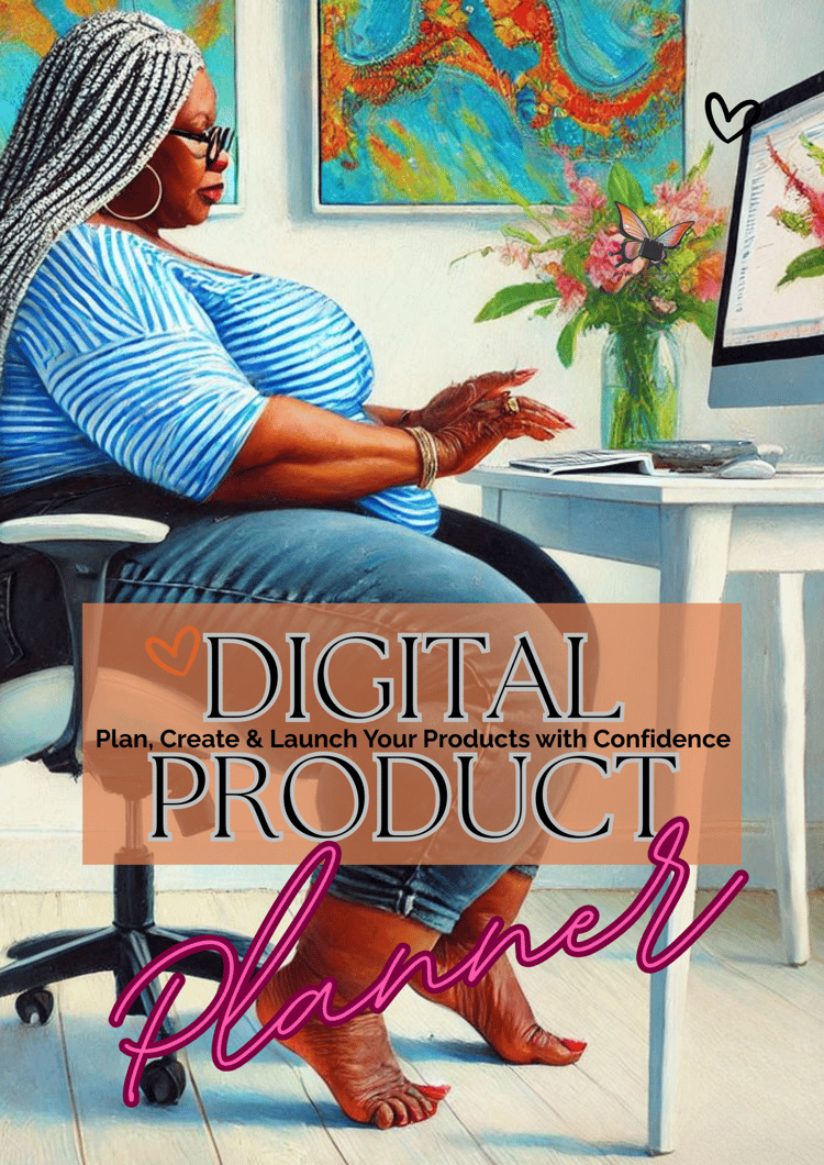 Digital Product Planner cover with illustrated African American woman at desk, wall art in background, and text reading ‘Plan, Create & Launch Your Products with Confidence.