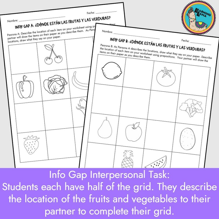 Spanish Fruits and Vegetables Prepositions Worksheets