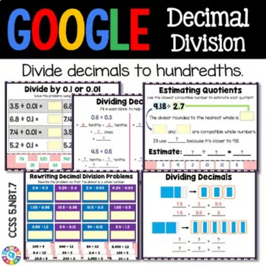 5th Grade Dividing Decimals by Decimals Activity with Digital Worksheets Models