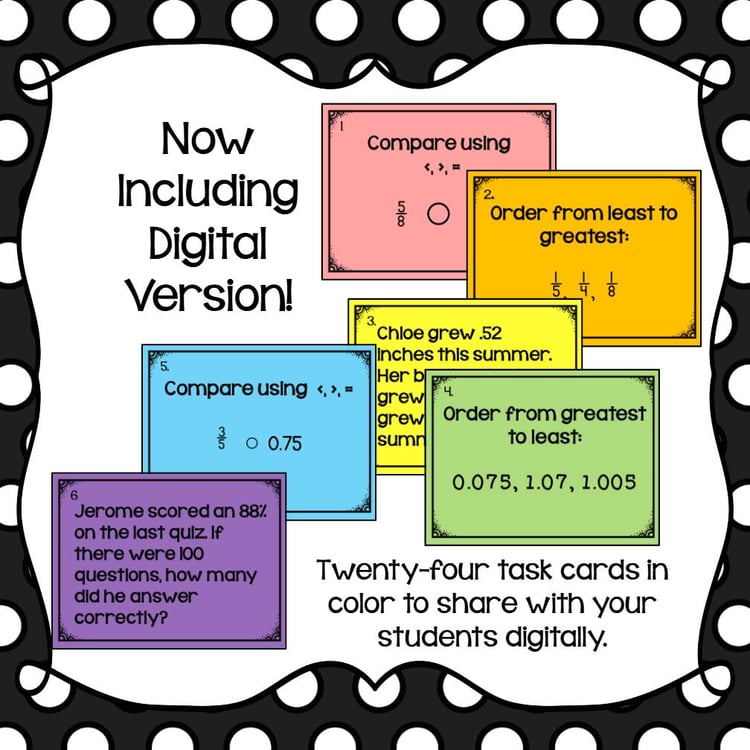 Fraction, Decimal, and Percent: Ordering, Comparing, and Converting Task Cards
