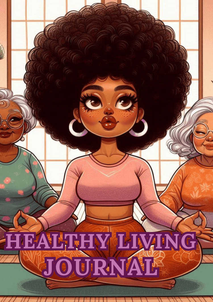 Afrocentric illustrated cover for Healthy Living Journal featuring a confident Black woman with a large afro meditating alongside two older women, all seated cross-legged in a yoga studio