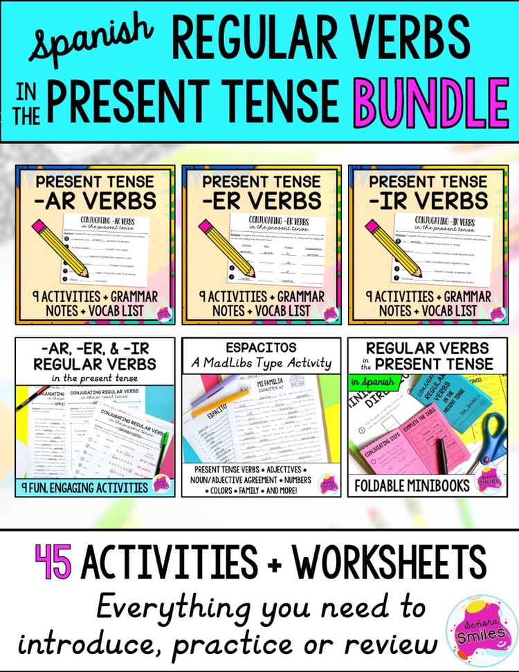 Spanish Conjugating Regular AR, ER, IR Verbs Present Tense 45 Activity BUNDLE