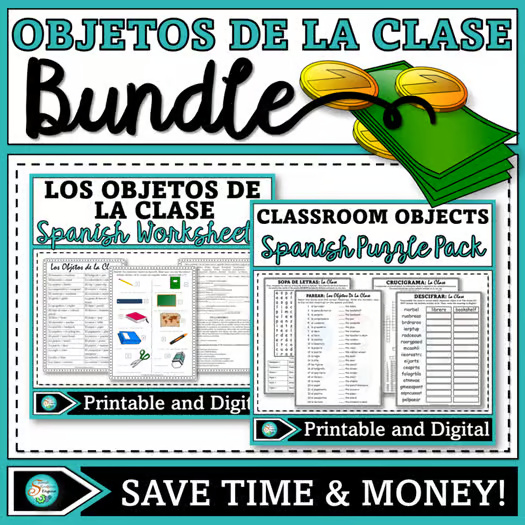 Los Objetos De La Clase: Classroom Objects in Spanish Worksheets BUNDLE