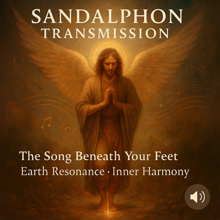 Golden angel with folded hands and glowing halo, surrounded by musical notes, embodying Earth resonance and inner harmony.