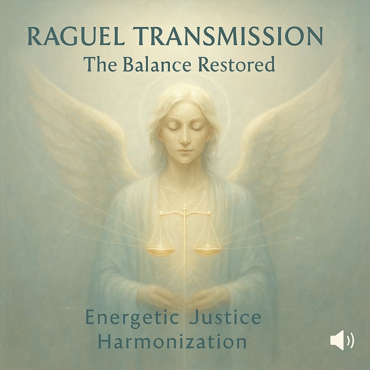 Serene angel with glowing halo and golden scales, symbolizing balance, harmony, and divine justice.