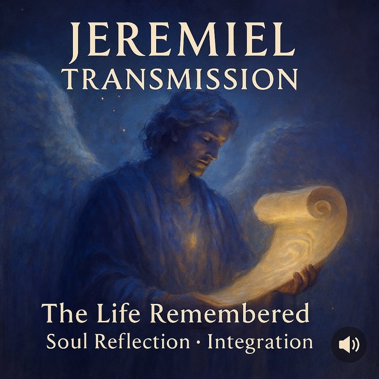 Deep blue angel holding a glowing scroll, symbolizing reflection, soul review, and spiritual integration.