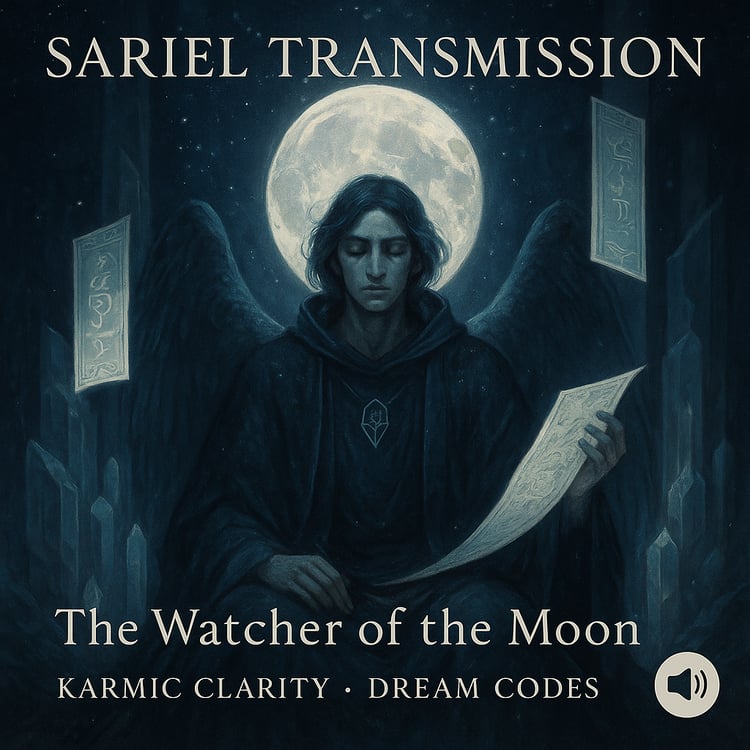 Dark-winged angel beneath a full moon holding a glowing scroll, symbolizing karmic clarity and dream codes.