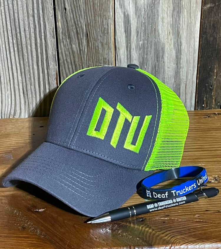 Lime Green-and-Grey Twill Velcro Trucker Hat with “DTU” Logo