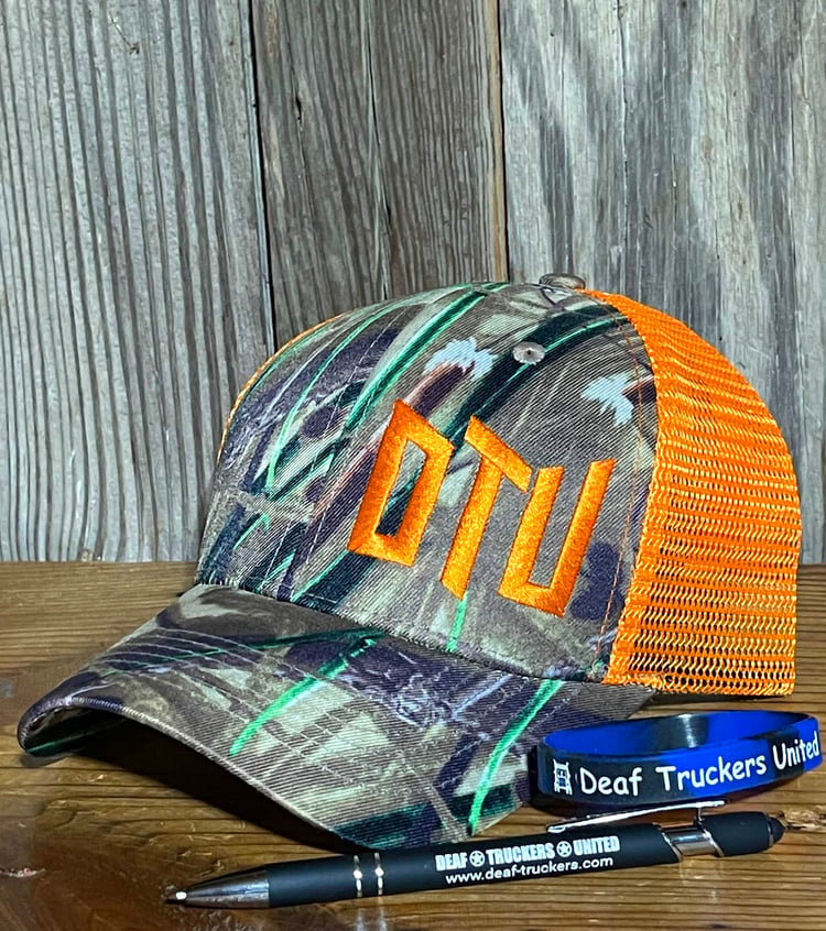 Camo-and-Orange Twill Velcro Trucker Hat with “DTU” Logo