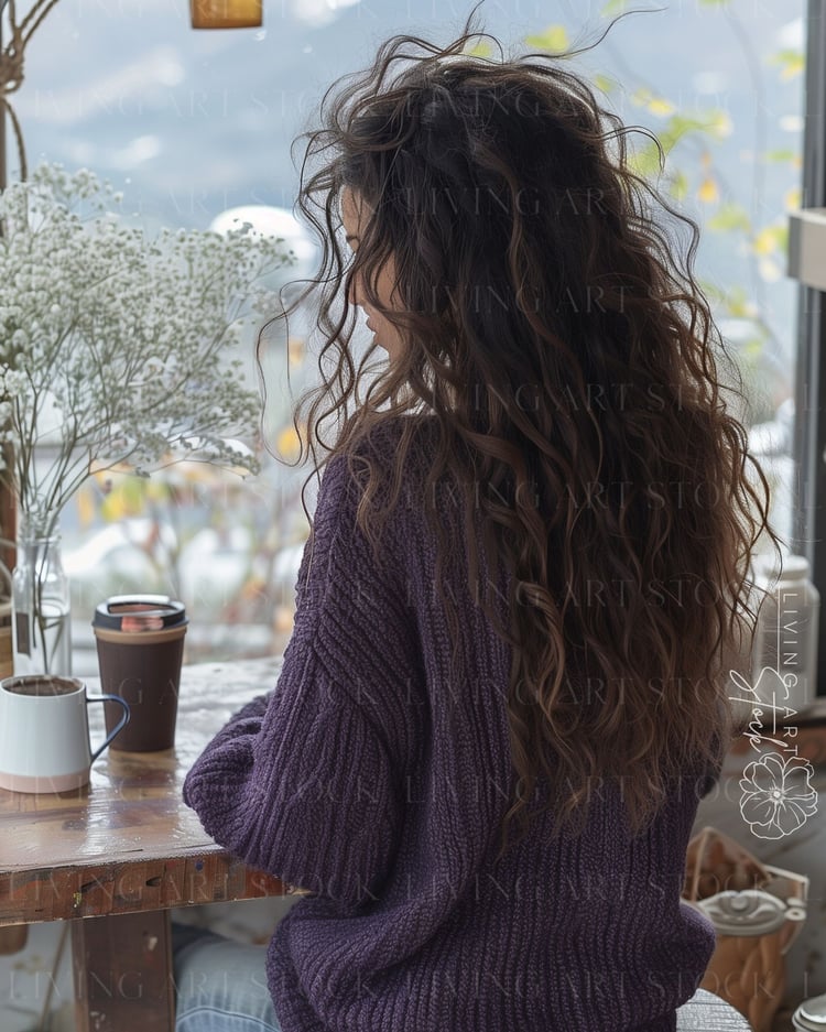 Faceless content: Woman wearing purple eggplant knit sweater in a cafe