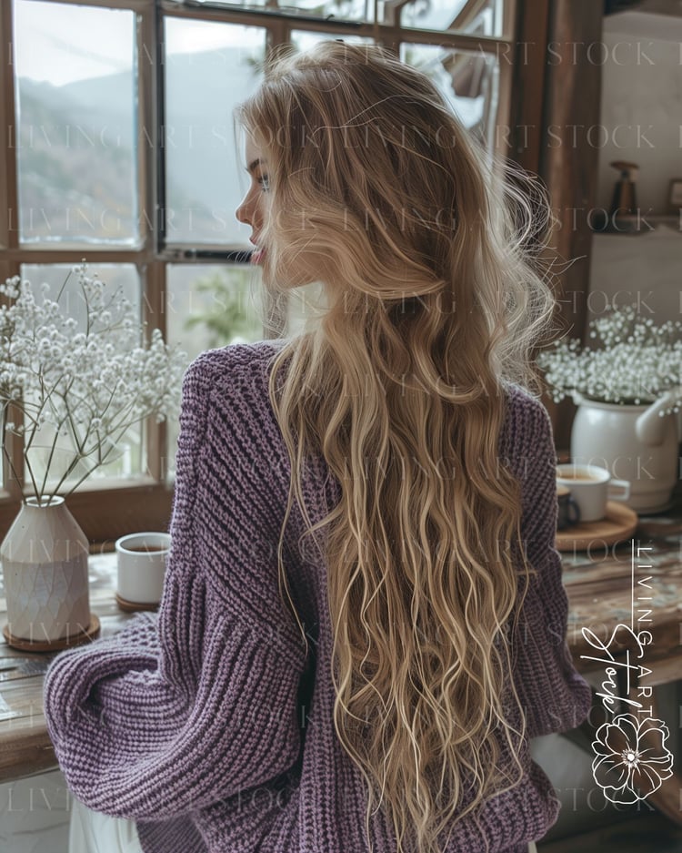 Woman with long blonde hair wearing purple knit sweater sitting at a wooden table with view of winter mountains outside window